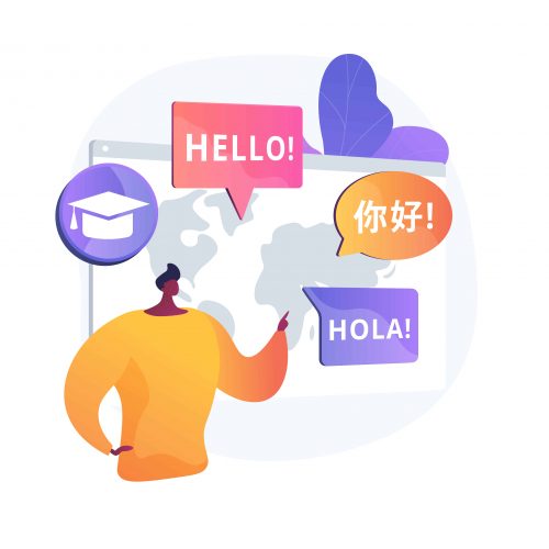 Foreign languages translating vector concept metaphor. Foreign languages translating. Linguistics science, machine translation, university students exchange program. Language learning courses. Vector isolated concept metaphor illustration.